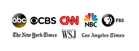 Media mentions including ABC, CBS, CNN, NBC, PBS, The New York Times, The Wall Street Journal, and Los Angeles Times
